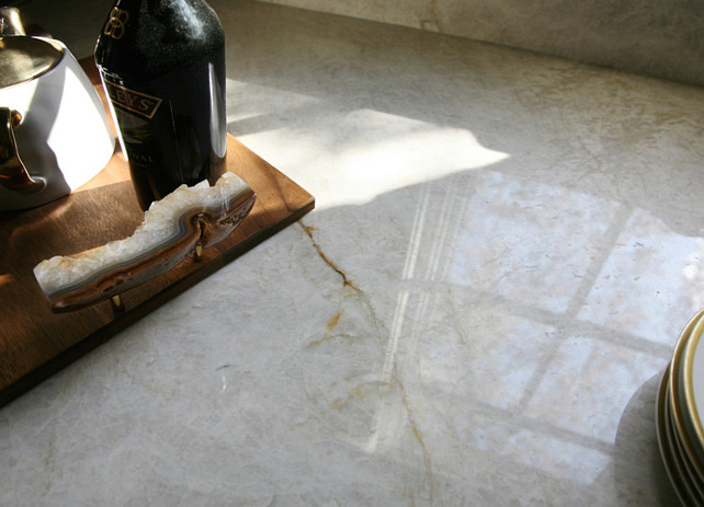 Kitchen Countertop. Kitchen Taj Mahal Quartzite Countertop. Taj Mahal Quartzite. #TajMahalQuartzite Barbara Brown Photography. Bell Kitchen and Bath Studios.