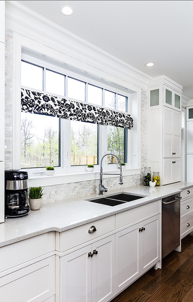 Kitchen Drapery Ideas. Kitchen roman shades above sink area. #Kitchen #KitchenDrapery #RomanShades