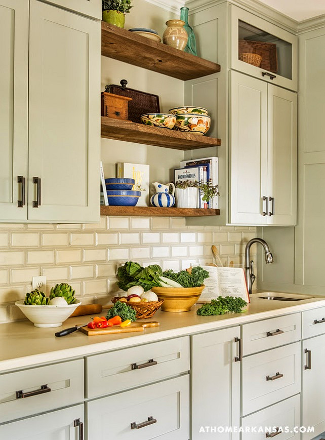 Kitchen Elements. Kitchen Paint Color. Kitchen Cabinet Paint Color. Kitchen with open shelves. Kitchen backsplash. Warm kitchen elements. Kathryn LeMaster, At Home in Arkansas via House of Turquoise