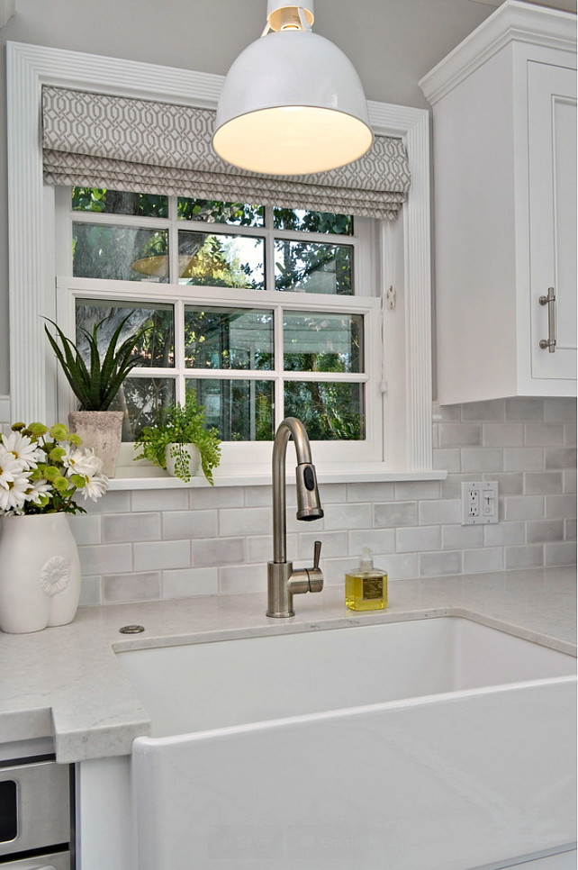 Kitchen Farmhouse Sink. Window with Roman Shade above farmhouse sink. #FarmhouseSink #FarmhouseKitchenSink Allison Knizek Design for Prescott Properties