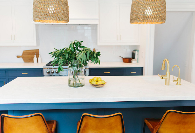 Kitchen Faucet Finish Ideas. This two toned kitchen features white and navy cabinets and gold gooseneck faucet. #Kitchen #Faucet #gold #gooseneckfaucet Shea McGee Design.