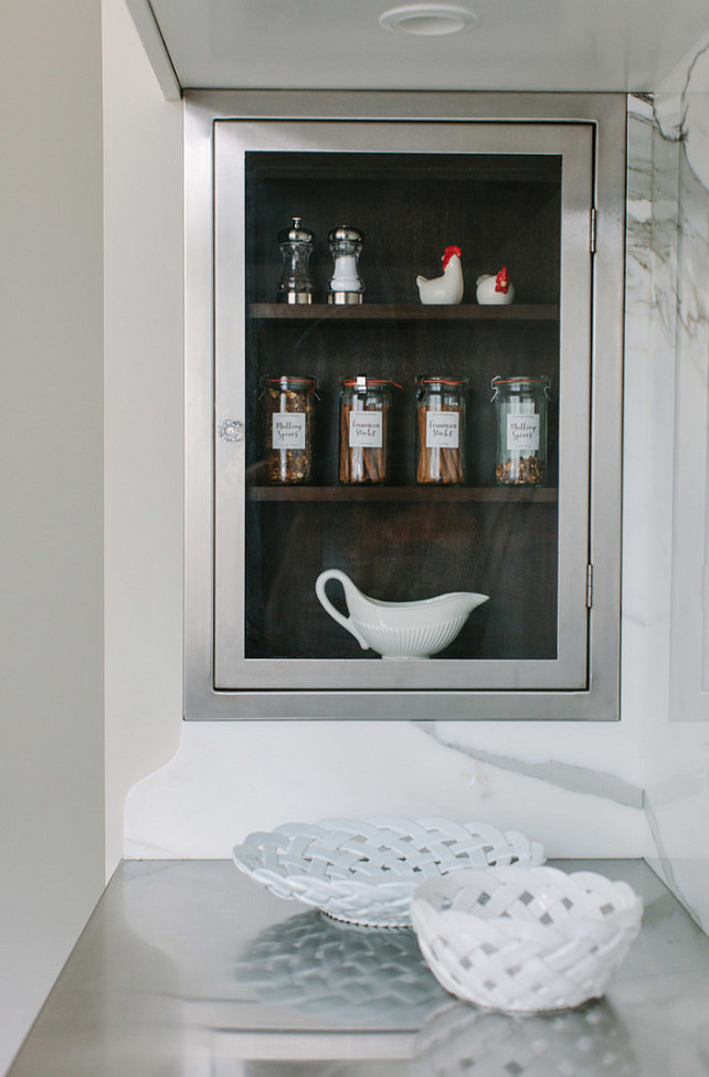 Kitchen Hood Spice Storage. Kitchen spice rack and hood ideas. Spice and oil storage in the range hood. #Kitchen #Hood #SpiceStorage #OilStorage #Range Jean Stoffer Design.