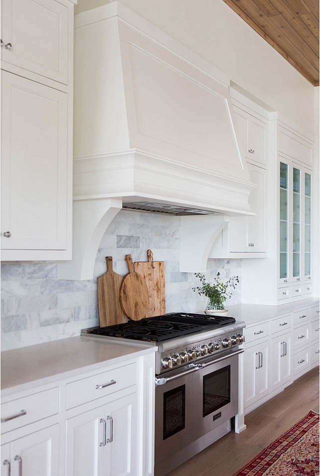 Kitchen Hood. Range Hood. White Hood. White kitchen with custom hood and white marble backsplash. #Hood #KItchen #KitchenHood #WhiteHood #WhiteKitchenHood #CustomHood #RangeHood