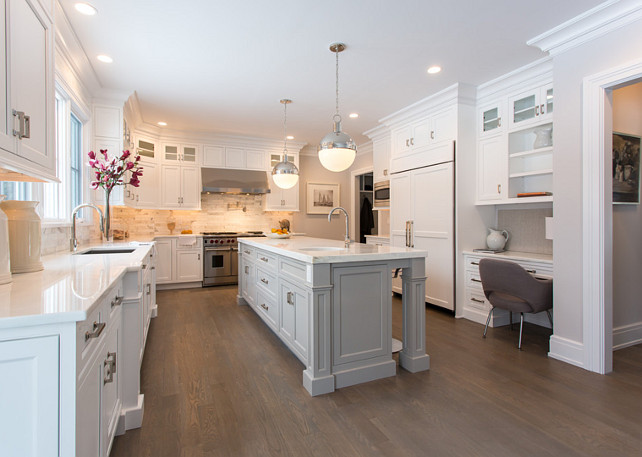 Kitchen Ideas. The sink faucet is Rohl Modern pull down kitchen faucet. Kitchen refrigerator is by SubZero. The kitchen backsplash is 2 x 12 calacutta marble stacked. The kitchen hardware was ordered from Klaff's. SIR Development. #Kitchen 