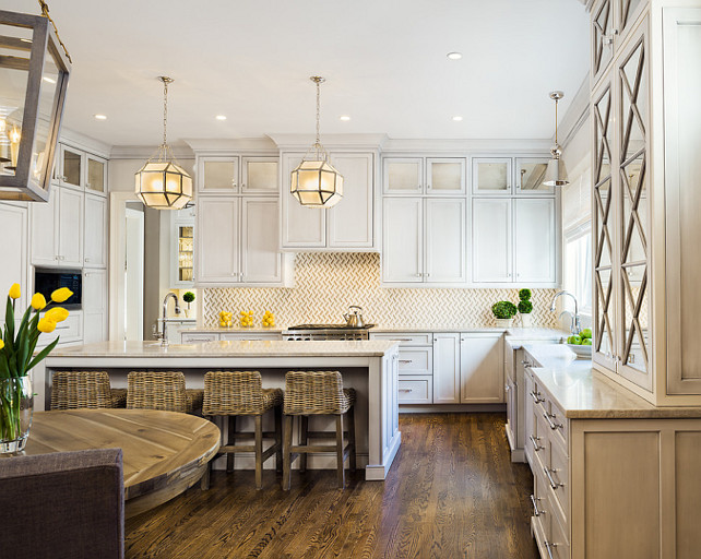 Kitchen Ideas. Transitional Kitchen Design. Kitchen Lighting. The lighting in this kitchen are the Visual Comfort SK5008 Suzanne Kasler Morris small Lantern #Kitchen #TransitionalKitchen Moore Architects. SCW Interiors.