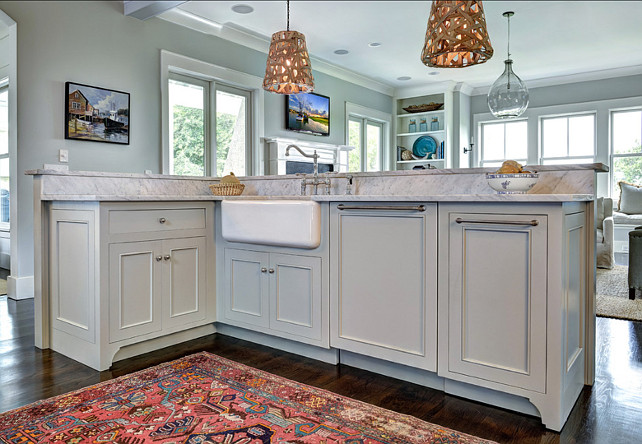 Kitchen Island Design. Island cabinet design. Kitchen island with gray cabinets, apron sink and nickel hardware. #kitchen #KitchenIsland #Islandcabinet