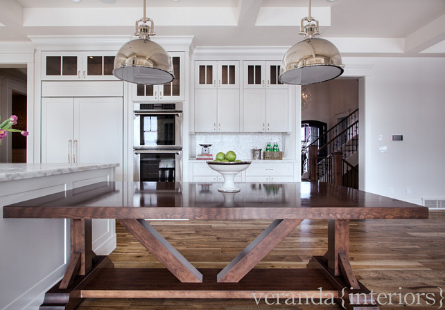 Kitchen Island and table. Kitchen with table connected to kitchen island. Pendant Lighting are by Visual Lighting #KitchenIsland #KitchenIslandTable #KitchenDesignIdeas #Kitchen Veranda Estate Homes & Interiors