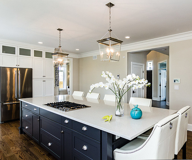 Kitchen Island. Crisp white kitchen with ebony island. #Kitchen