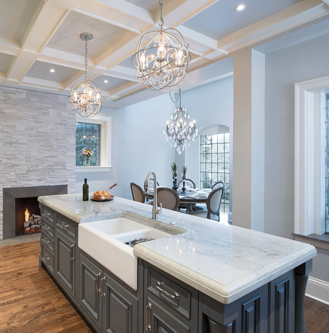 Kitchen Island. Gray Kitchen Island Paint Color. Gray Kitchen Island Design. Kitchen Island with farmhouse sink and gooseneck faucet. #Kitchen #KitchenIsland #GrayKitchenIsland #IslandPaintColor Kitchen Studio Kansas City.