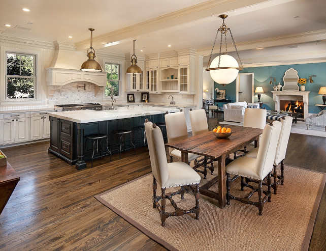 Kitchen Lighting Set. Kitchen Island Lights. Kitchen Island Pendant Lighting and Dining Room Lights. The lights above kitchen island are LARGE COUNTRY INDUSTRIAL PENDANT WITH METAL SHADE. Light in the dining room is the E.F. Chapman MODERN GLOBE PENDANT. #lighting #Kitchen #DiningRoom