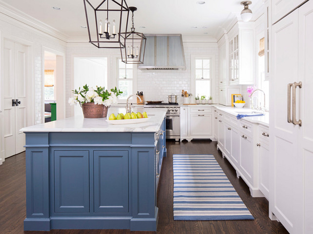 Kitchen Runner. Blue Striped Runner. Blue Striped Kitchen Runner. Kitchen with blue island and striped runner with custom hood. The hood was made through the builder John Kraemer & Sons with a Wolf Pro Ventilation Hood Liner. #kitchen #Runner Martha O'Hara Interiors.