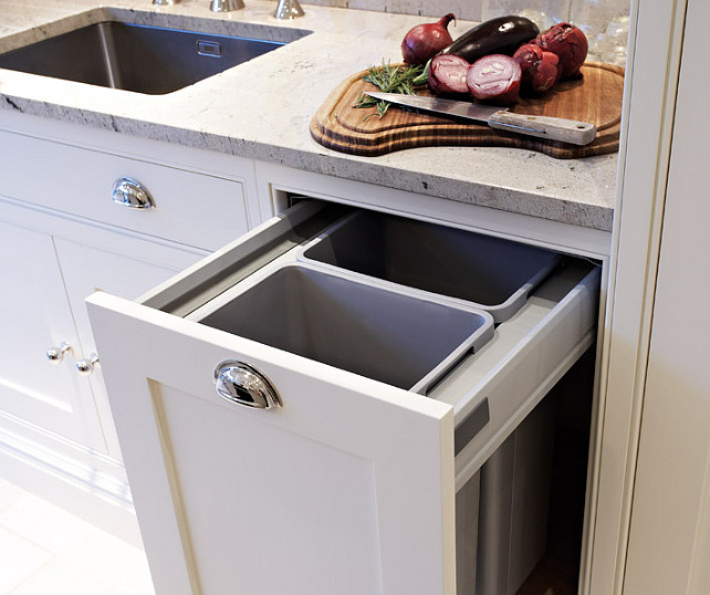 Kitchen Storage Ideas. Kitchen with hidden garbage can. Kitchen with pull-out garbage can cabinet. #Kitchen #KitchenStorage Tom Howley