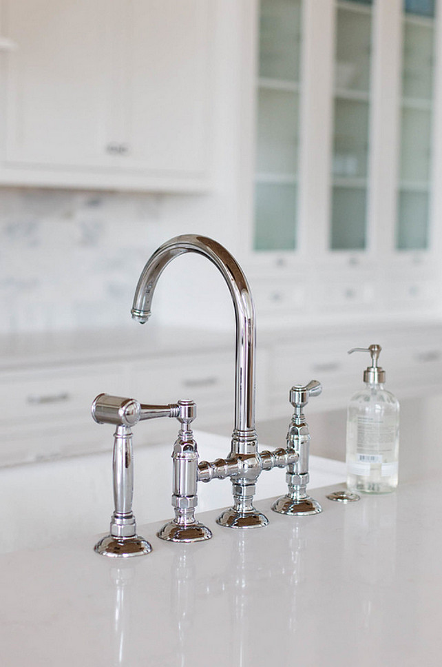 Kitchen faucet. Kitchen Faucet Ideas. high Quality Kitchen Faucet. The kitchen faucet is the Rohl Polished Nickel Country Kitchen Three Leg Bridge Faucet.