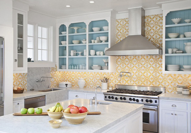 Kitchen with splash of color. Kitchen with painted open shelves. #Kitchen #OpenShelves #paintedOpenShelves. #SplashofColorKitchen Jessica Glynn Photography