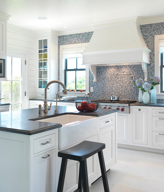 Kitchen. Beaboard Kitchen. Beadboard Ceiling Kitchen. White Beadboard Kitchen Ceiling. Kitchen with beadboard ceiling, and a glass mosaic tile backsplash from ARTISTIC tile. #Kitchen #Beadboard #BeadboardCeiling #KitchenBeadboardCeiling