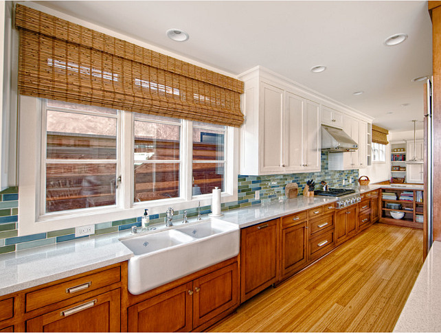 Kitchen. Coastal Kitchen with glass subway tile backsplash. Blue and Turquoise Tile Backsplash. #Kitchen #Coastal #CoastalKitchen #GlassBacksplash #GlassSubwayTile #Backsplash William Guidero Planning and Design.