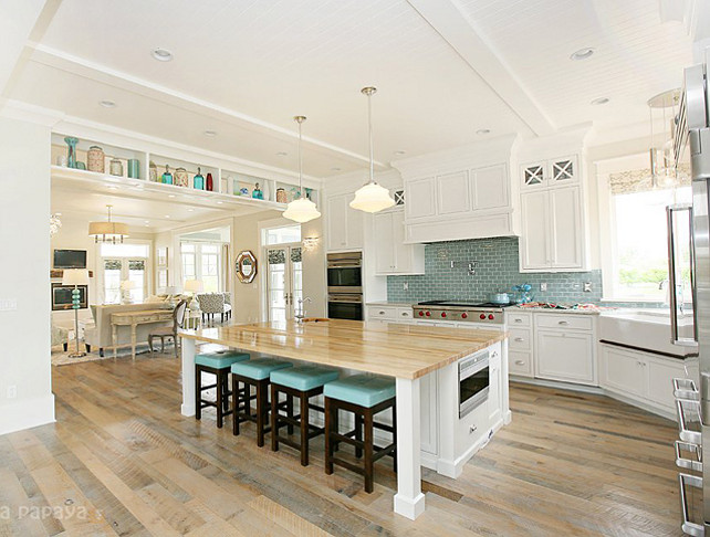 Kitchen. Kitchen Ideas. White Kitchen with large island. Butcher's Block Island Countertop. #Kitchen #ButchersBlock #WhiteKitchen