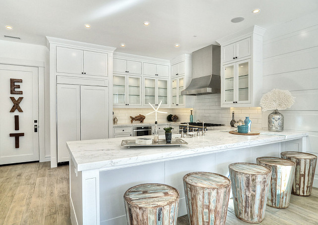 Kitchen. Kitchen with Reclaimed Wood Stools. White Kitchen with Coastal Reclaimed Wood Stools. #Kitchen #WhiteKitchen #ReclaimedWood #KitchenStools