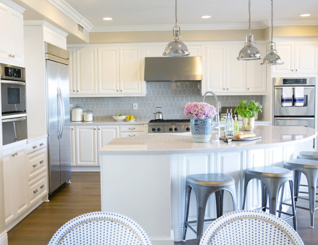 Kitchen. Kitchen with curved island. Kitchen with curved island countertop. #Kitchen #KitchenIsland #CurvedKitchenIsland Studio McGee.