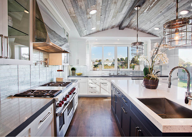 Kitchen. Transitional kitchen ideas. Transitional kitchen layout. The wood used on the ceiling is vintage barn siding. #TransitionalKitchen