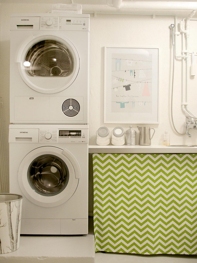 Laundry Room Organization Ideas. How to organize the laundry room. Conceal any under-the-sink mess with a fun accent fabric that acts as a curtain. This is an easy and inexpensive fix to pull your laundry room together in a snap. Design by Benita Larsson #LaundryRoom