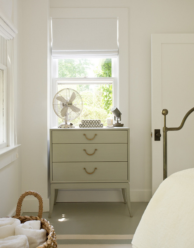 Leather Pull Hardware - Cabinet - Cottage. Cottage bedroom with gray nightstand adorned with leather pull hardware. #LeatherHardware #LeatherPull