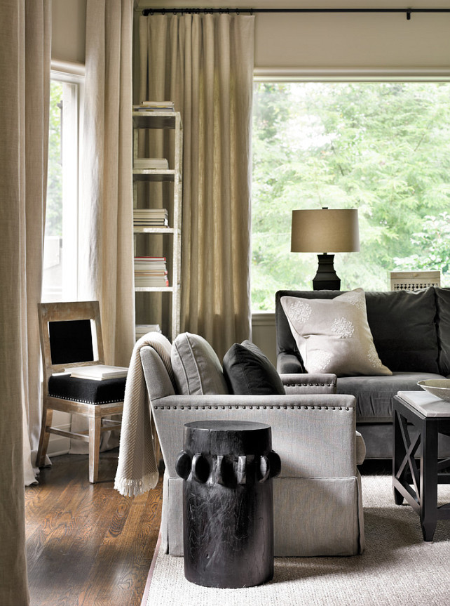 Linen Draperies. Natural Linen Draperies in Living Room. Interior Design by Beth Webb Interiors.