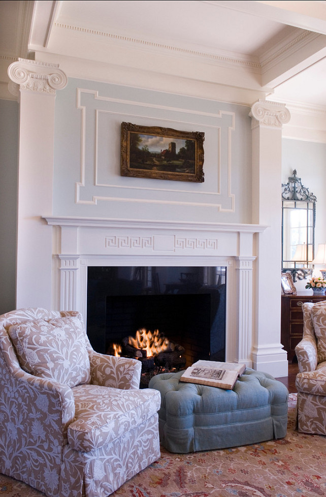 Fireplace Mantel Ideas. Beautiful traditional mantel with greek key design. #Mantel #Fireplace #Interiors #GreekKey