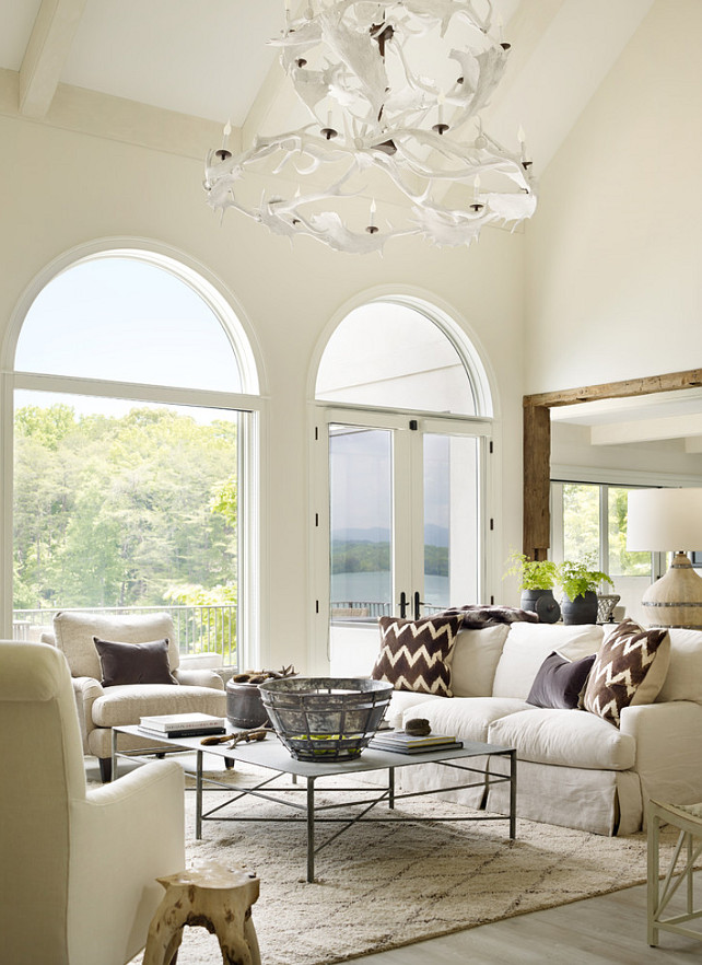 Living Room Chandelier. The antler chandelier in this living room was a custom piece for Beth Webb Interiors. Tier Antler Chandelier Painted in White.