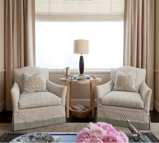 Living Room. Neutral Living room Ideas. Neutral living room features neutral chairs, neutral linen draperies and neutral roman shades. #Neutral #LivingRoom #NeutralInteriors #Interiors Jenny Wolf Interiors.