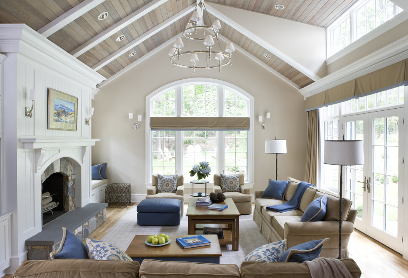 Living Room. Vaulted Ceiling Living Room Ideas. Living Room with vaulted ceiling, planks and rafters. #LivingRoom #VaultedCeiling #ExposedRafters #LivingRoomRafters #PlankCeiling Celia Welch Interiors.