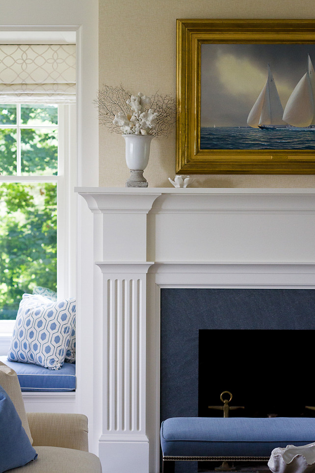 Living room fireplace. Coastal fireplace ideas. Living room fireplace mantel. Living room stone fireplace. SLC Interiors.