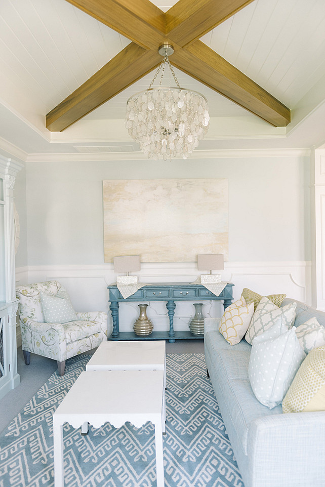 Living room. Blue and white living room. Perfect combination of blue and white decor is found in this living room. Blue and white living room with capiz chandelier. #LivingRoom #BlueandWhite #Decor