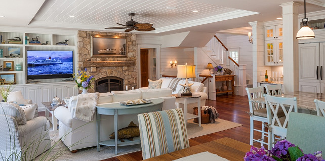 Living room. Shiplap living room with stone fireplace and coastal decor. Polhemus Savery DaSilva Architects Builders.