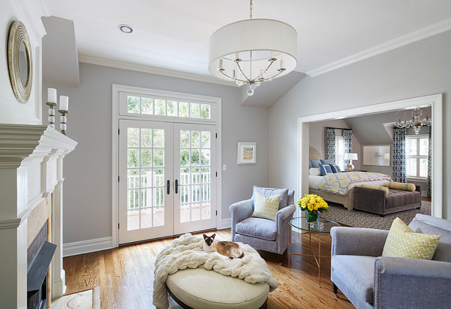 Benjamin Moore Shoreline 1471. Master Bedroom Sitting Area. Separate Master Bedroom Sitting Area. Master Bedroom Sitting Area with Fireplace and French Doors to Balcony. Paint Color is Benjamin Moore Shoreline 1471. #MasterBedroom #SittingArea Martha O'Hara Interiors.