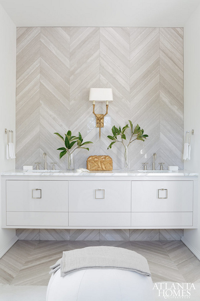 Bathroom. Incredible bathroom with gray herringbone tiled. #Bathroom #Herringbone