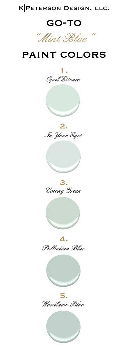 Mint Blue Paint Color Ideas. Mint Blue Color Palette. All Paint Colors are from Benjamin Moore. #ColorPalette #BenjaminMooreColorPalette Via kpetersondesign