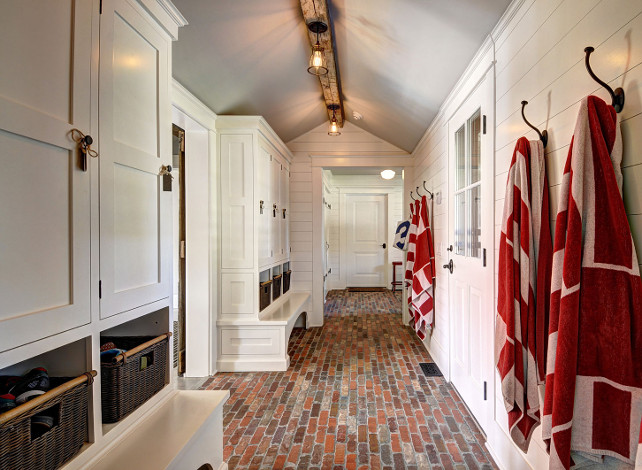 Mud Room. Mud Room Cabinet. Mud Room Cubbies. Mud Room Flooring. Mud Room Shiplap Walls. Farmhouse Mud Room. Brick Flooring Mud Room. #MudRoom