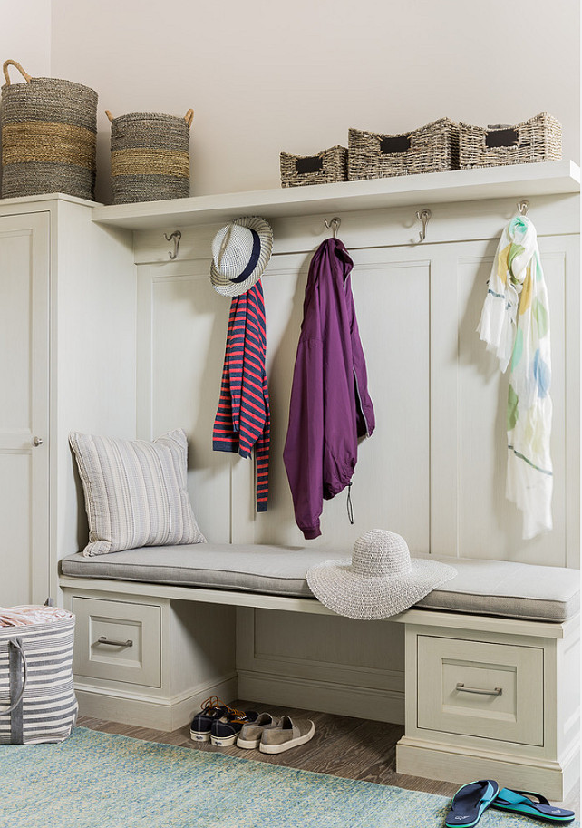 Mud Room. Mud room Bench Storage Ideas. Mud room with built-in bench and cabinet. #MudRoom Anita Clark Design.