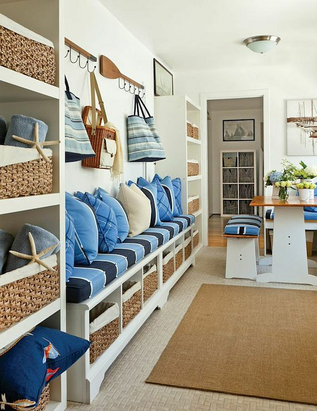 Mudroom Bench. Custom Mudroom Bench Ideas. Mudroom with storage bench and open shelf cabinets. #Mudroom #MudroomBench Barclay Butera.