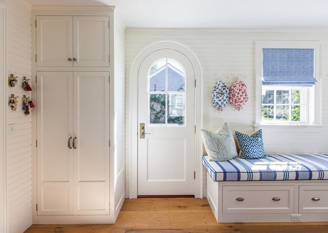 Mudroom. Mudroom Bench. Mudroom Cabinet. Mudroom Built-in Cabinet. Mudroom Door. Mudroom Window Treatment. Mudroom Fabric. Mudroom is paintend in White Dove by Benjamin Moore. #Mudroom