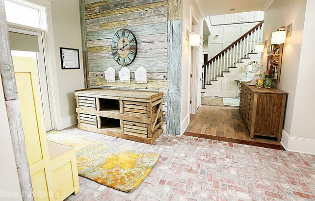 Mudroom. Rustic mudroom with reclaimed barnwood and reclaimed brick floors. #Mudroom