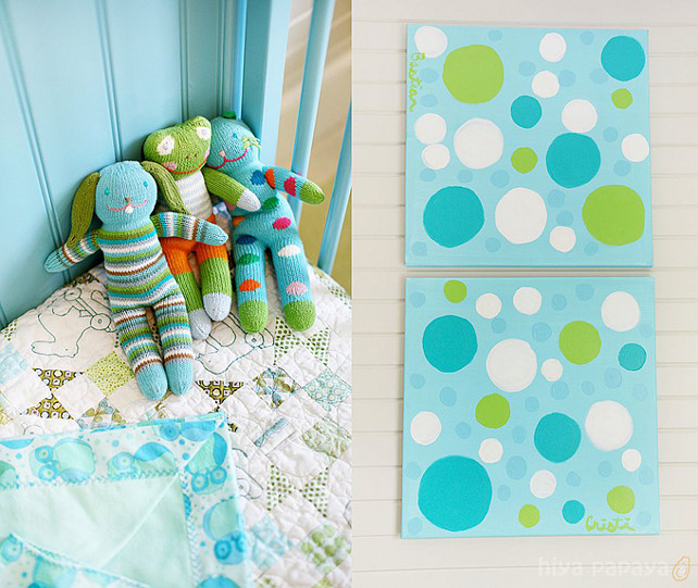 Nursery Decor. Inspiring Nursery Art and nursery decor. Nursery decor - DIY canvas paintings on the right. The homeowner bought white canvases and paint at craft store and painted them turquoise with polka dots. Easy, fast and affordable! #Nursery #NurseryDecor #NurseryIdeas