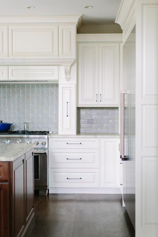 Off White Cabinet Paint Color. Off White Kitchen. Off White Kitchen Cabinet with dark hardwood floors and dark stained kitchen island. #OffWhite #Kitchen #Cabinet Kate Marker Interiors.