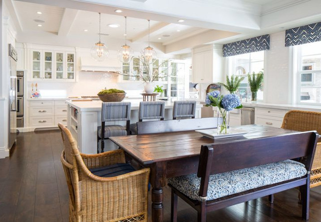 Open Coastal Kitchen. Open coastal kitchen with soft blue accents. #Coastal #Kitchen #WhiteKitchen #BlueAccents #Interiors Kelly Nutt Design.