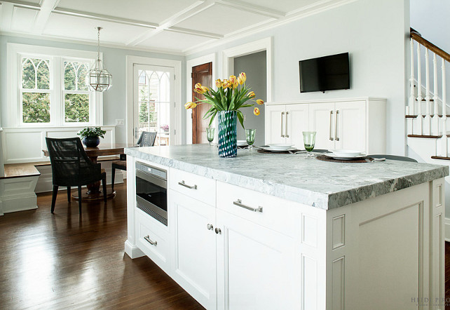 Open Kitchen. Kitchen Opens to Breakfast Nook. Open Kitchen Ideas #OpenKitchen #OpenKitchenLayout Heidi Piron Design.