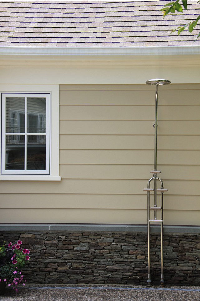 Outdoor Shower. Outdoor Shower is a Calazzo Pavo wall mount shower with integrated foot wash. #OutdoorShower