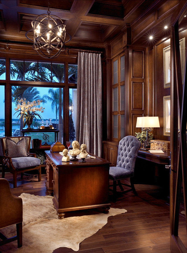 Home Office. Elegant, traditional home office with panelled walls. This chandelier was custom made for this home office. #HomeOffice