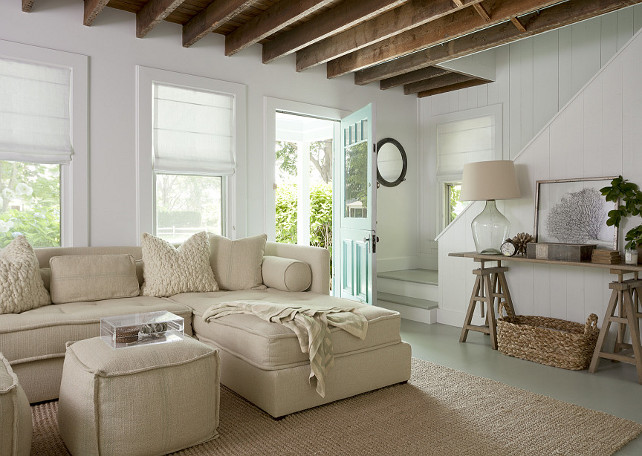 Painted Wood Floors. This cottage features painted wood floors in a green gray paint color. #PaintedFloors #paintedWoodFloors Jenny Wolf Interiors.