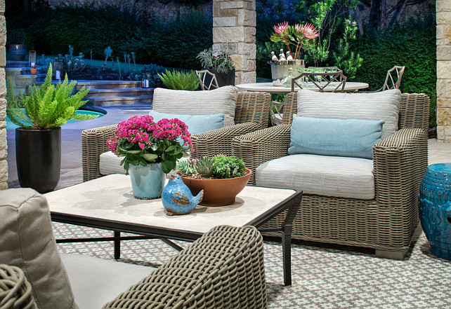 Patio. Beautiul stone covered patio with patio furniture and natural decor. #Patio Martha O'Hara Interiors.